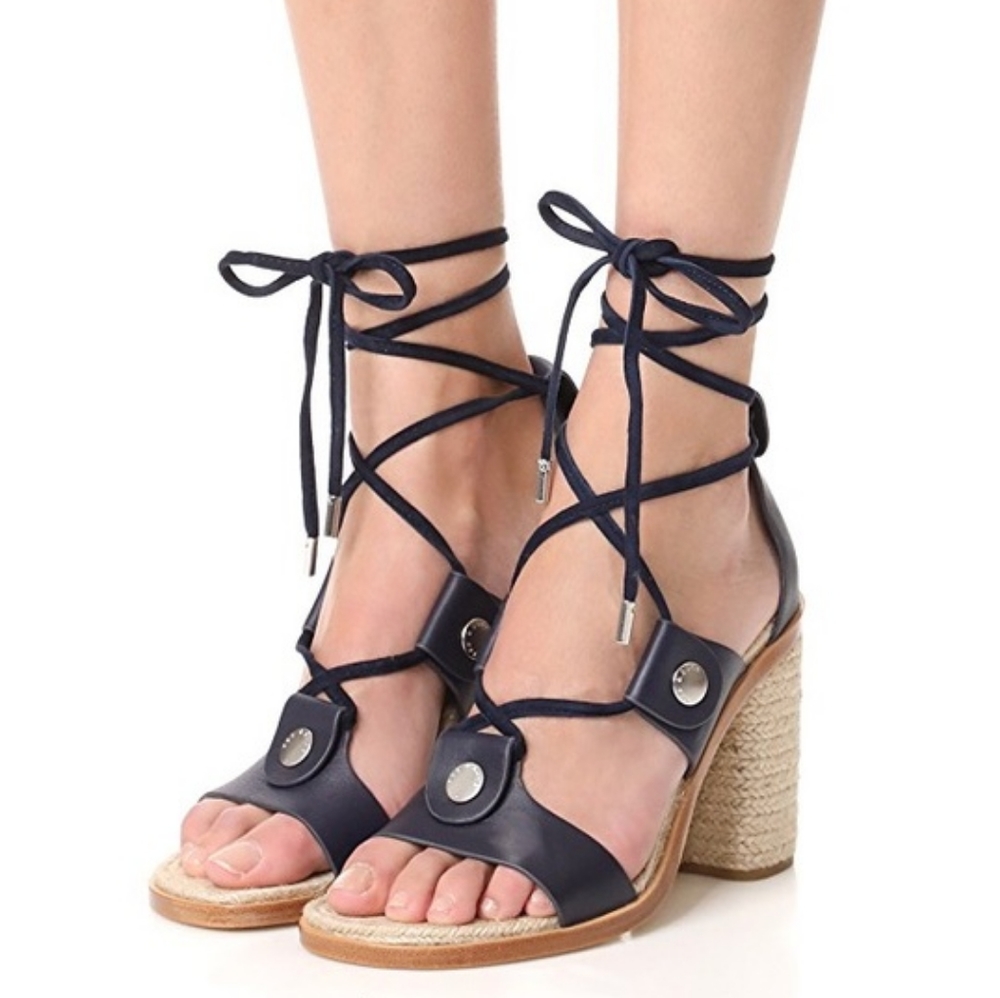 NEW RAG & BONE Eden Navy Leather Lace Up Jute Block Heel Espadrille Sandals 38.5